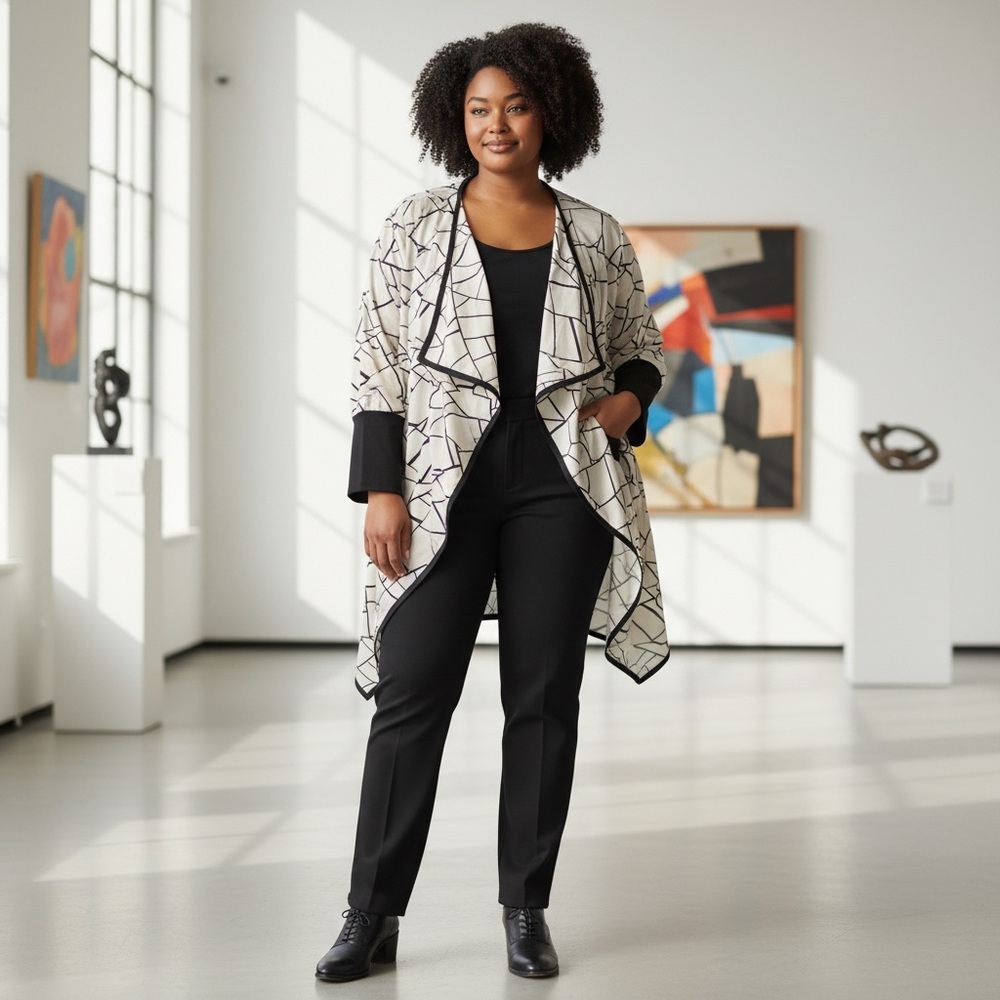 SHEIN Black & White Abstract Print Open-Front Cardigan – Size 2XL